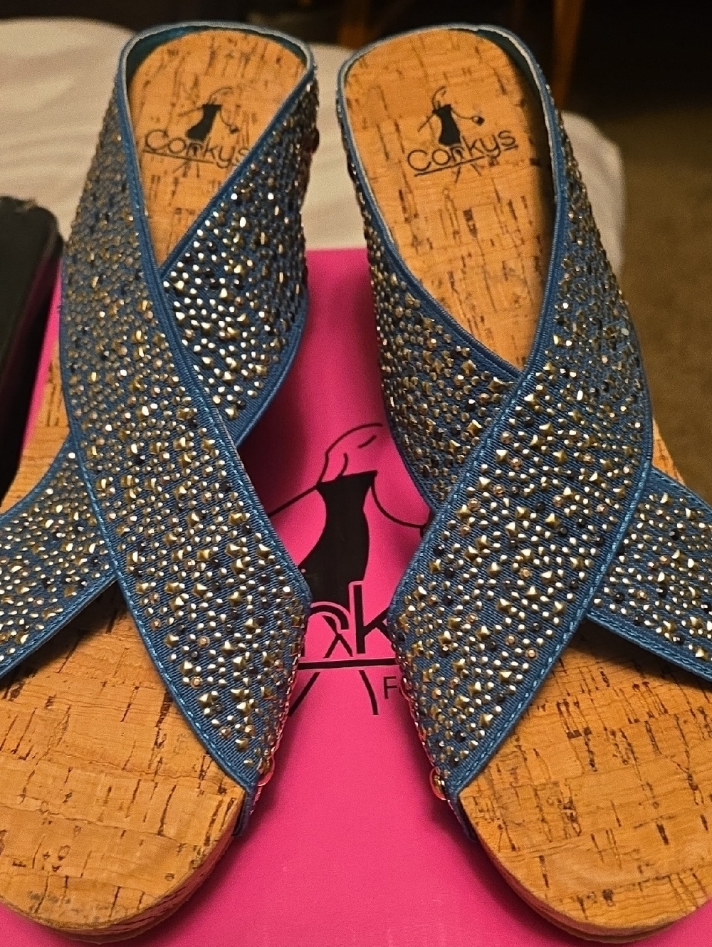 Corkys Blue Embellished Crossband Wedge Mules